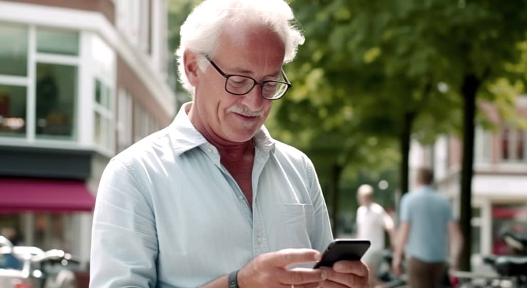Ouderen man gebruikt smartphone op straat